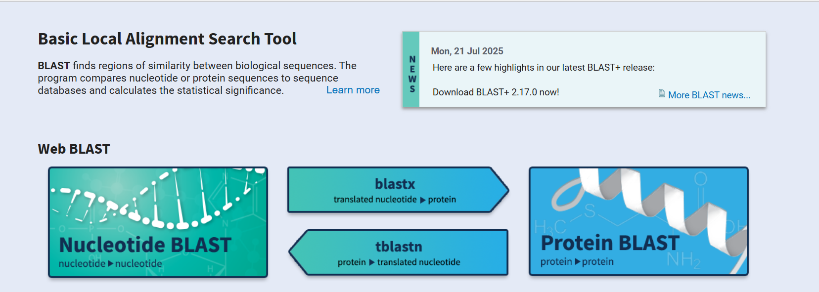 NCBI BLAST 首页：Nucleotide BLAST 与 Protein BLAST 入口